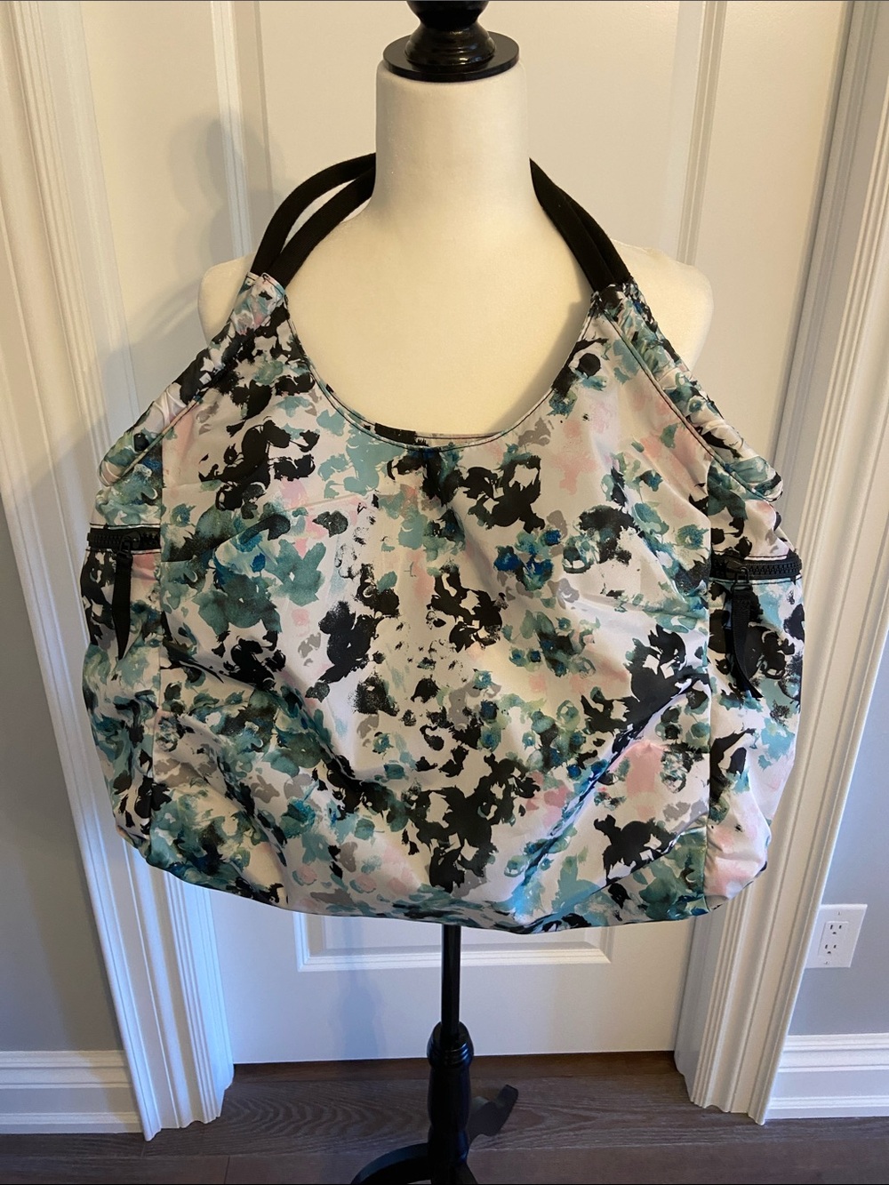 Indigo Floral Watercolor Tote in Teal, Black, Pink on Grey Background. NWOT.